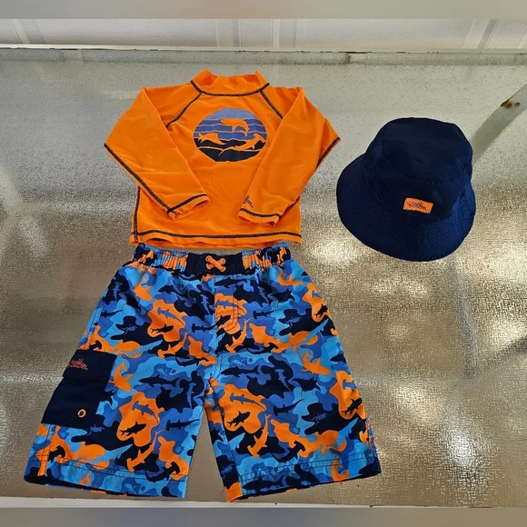 UV Skinz Kids Swim Set Orange Shark Rash Guard Board Shorts Hat UPF50 Beach - Picture 2 of 9